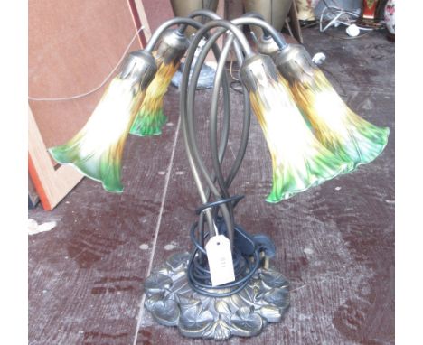 Art Nouveau style table lamp, five scroll branches with glass trumpet shaped shades on naturalistic base, W23cm D23cm H43cm S