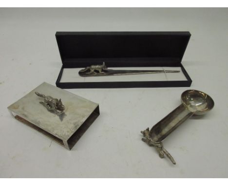 20th century silver matchbox holder with cast fox finial by Links of London, Edinburgh import mark 1996, silver letter opener