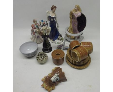 19th Century Meissen female carrot seller, no. 107/1573, H14cm; two Franklin Mint figures; hatpin stand with collection of ha