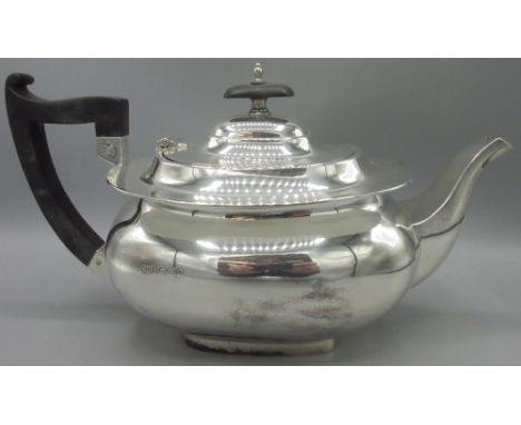 20th century silver teapot with rectangular baluster form body, ebonised handle and finial by Walker & Hall, Sheffield 1931, 