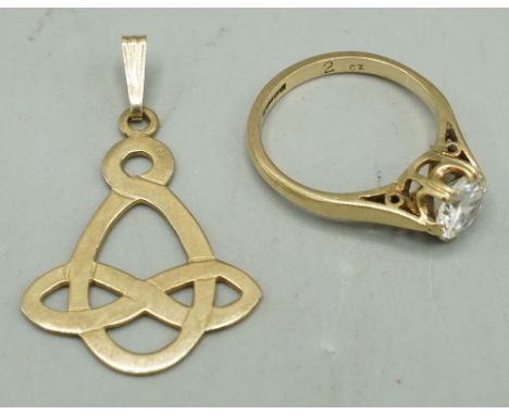 9ct yellow gold Celtic knot style pendant, and a 9ct yellow gold ring set with clear stone, size L, both stamped 375, 4.09gSh
