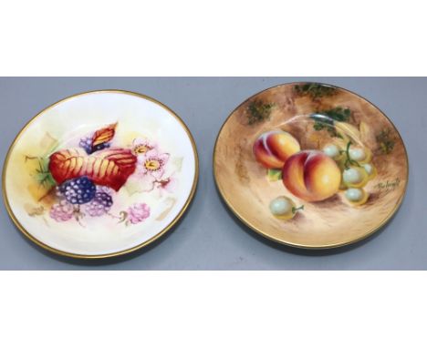 Two Royal Worcester pin dishes, one decorated with peaches and grapes, indistinctly signed, and another decorated with blackb