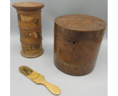 19th century cylindrical three tiered wooden spice tower, Burr walnut tea caddy and a wooden letter opener with a female figu