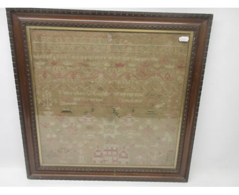 19th century woolwork on linen needlework sampler, worked in colours with text, stylised figures and foliage by Hannah Jane A