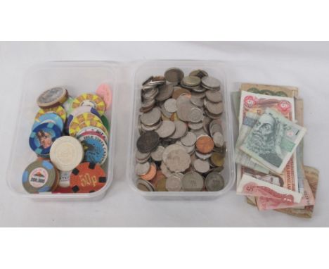 Mixed collection of British and International coins, collection of gambling casino chips, and some international banknotesShi