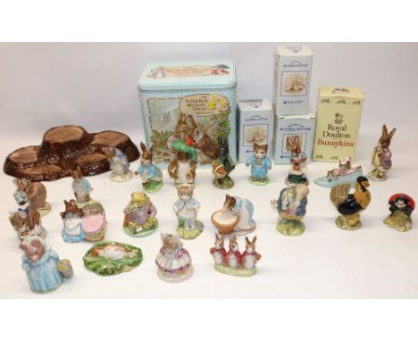 Collection of Beswick and Royal Albert Beatrix Potter figures, tree trunk display stand, etc.Shipping £48.00 plus vat (UK Onl