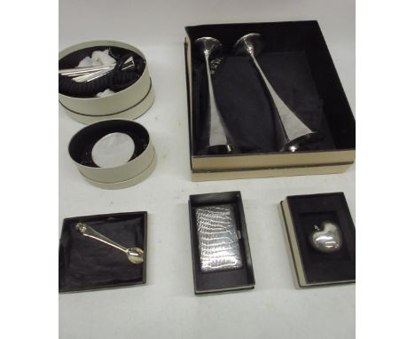 Links of London - pair of silver plate champagne glasses, silver trinket box, lid set with mother of pearl, stamped 925, silv