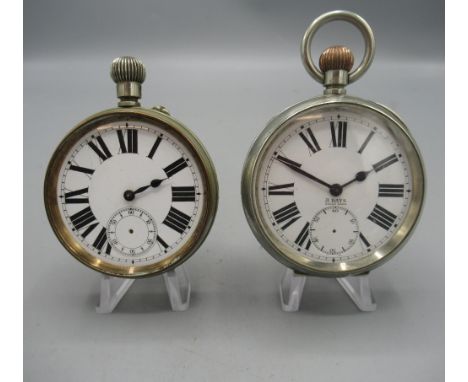 Swiss Argentan keyless pin set goliath pocket watch, white enamel Roman dial with subsidiary seconds, hinged case back and cu