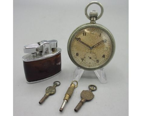 Swiss WWII British Military Issue G.S.T.P. plated keyless pocket watch, cream Arabic dial with subsidiary seconds, screw on c