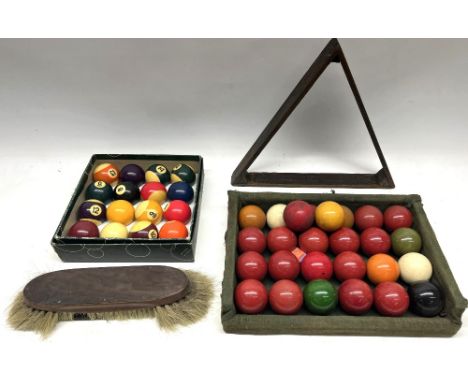 Set of Vintage Snooker balls, boxed set of Belgian pool balls, Burroughes & Watts Snooker table cloth brush, and a triangleSh
