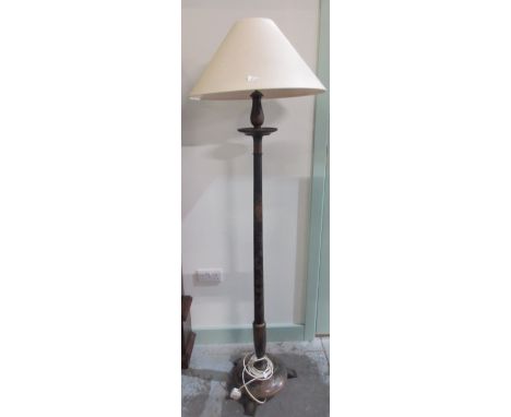 20th century black chinoiserie decorated standard lamp, on circular tapering base and three angular feet, later shade, H180cm