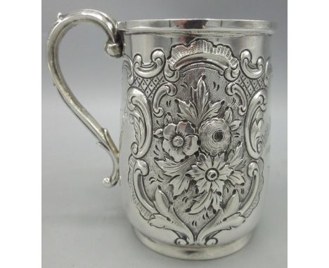 Victorian silver christening mug decorated with floral and scrolling repousse, gift engraving, by Frederick Augustus Burridge