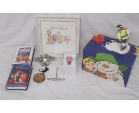 Coalport Characters The Snowman Hockey Player figure, Bertha wristwatch, Hannah Dale watercolour of Queen Elizabeth and Princ