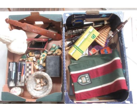 Collection of assorted items to inc. pens, wind instruments, folder cont. various cap badges, University of Leeds scarf, etc.