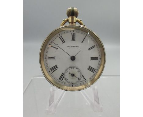 Pacific 9ct gold keyless pin set pocket watch. signed white enamel Roman dial with subsidiary seconds, hinged case back no. 1