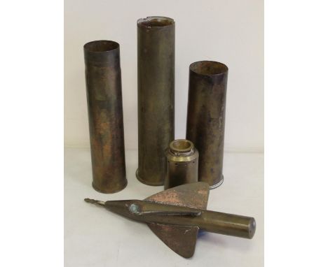 Three large brass shell cases, two dated 1910 and 1917, together with section of brass telescope and a Thomas Walker & Son br