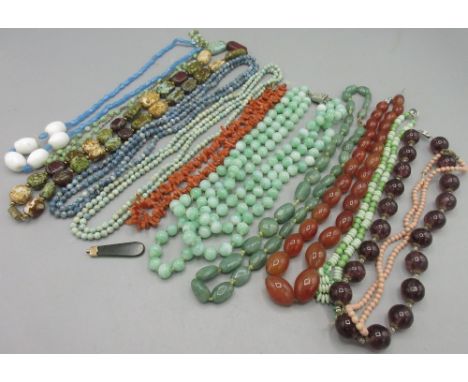Collection of vintage beaded necklaces to include jade, coral, agate, and a jade pendant with rose metal mount, etc.Shipping 