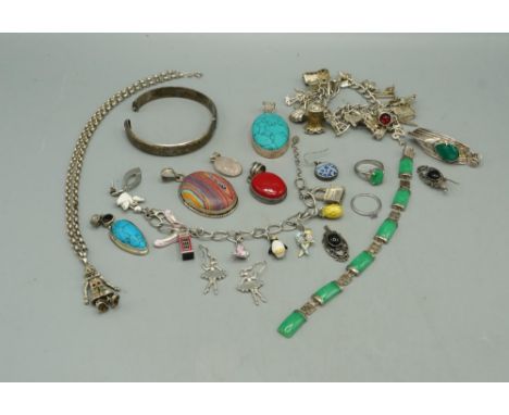 Collection of silver jewellery including silver ingot pendant, jade and silver Chinese style bracelet (A/F) etc. and a silver