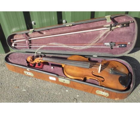 Early 20th century violin, with two piece back, L61cm in fitted rosewood hard case with Golden Strad and unmarked bows, W78cm