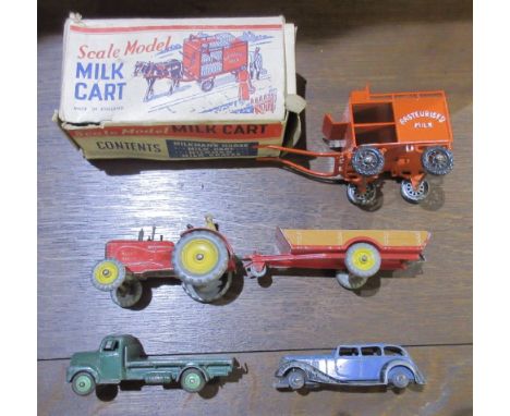 Boxed Perfect Toy die cast scale model of a Milk Cart, Dinky Fordson flat bed, MF tractor, farm trailer and other vehicles, a