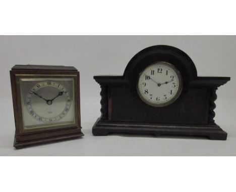 20th century French 8 day oak timepiece, arched topped case with barley twist columns, 3 1/2" white enamel Arabic dial, Frenc