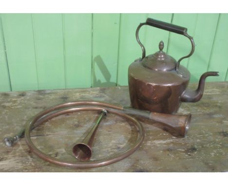 Two Vintage brass and copper Hunting horns and a Victorian copper kettle with acorn finial (3)Shipping £48.00 plus vat (UK On