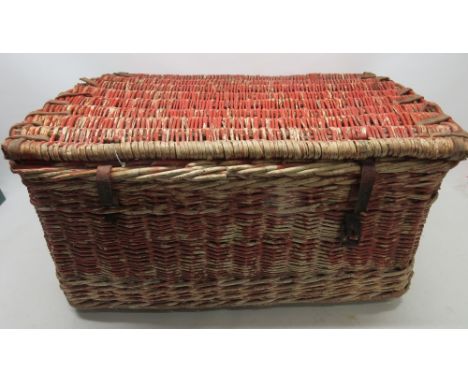 Vintage later red painted wicker laundry skip and a vintage painted glazed door bathroom cabinet, W77cm D55cm H40cm max (2)Sh