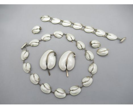 Volmer Bahner Danish silver and white guilloche enamel necklace, bracelet, clip on earring and brooch set, with extra brooch 