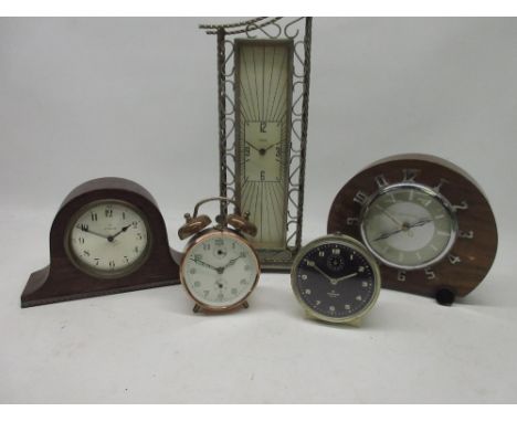 Ingraham Electric Art Deco walnut mantle timepiece, H17cm; Junghans oak mantle timepiece, H13.5cm; two bedside alarm clocks a
