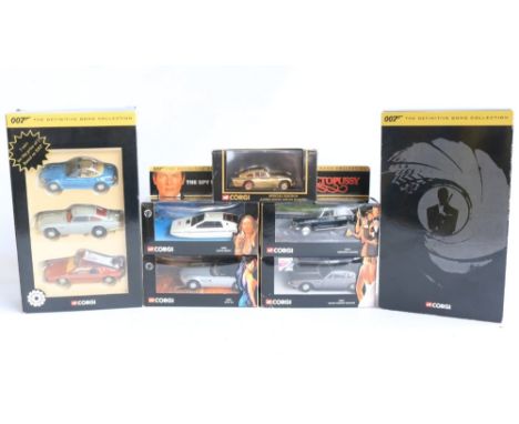Collection of James Bond themed diecast car models and model sets from Corgi to include 3 car sets CC99101 (models mint and t