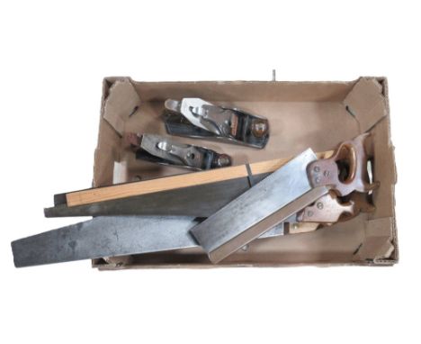 Stanley Bailey no 4 1/2 wood plane with Record steel insert and a second Record plane, together with four vintage saws, A/F (