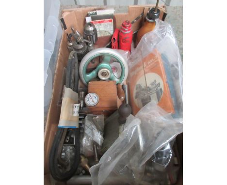 Large quantity of workshop tools and components including a cylinder sander, dials, gauges, oilers, cogs etc. A/F (3 boxes)Sh