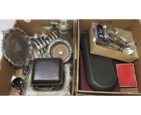 Collection of silver plate and white metal items to include cased set of lobster picks, pair of bottle coasters, leather stir