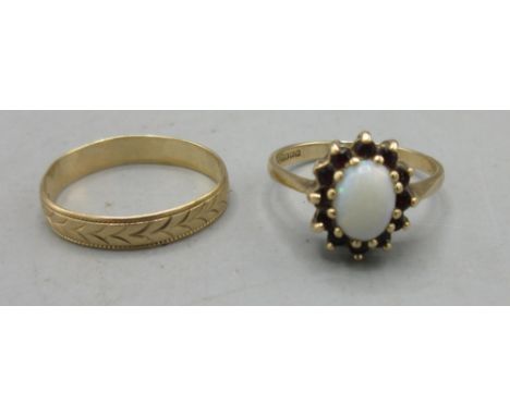 9ct yellow gold cluster ring set with opal and red stones, stamped 375, size Q, and a 9ct yellow gold band ring, size R, both