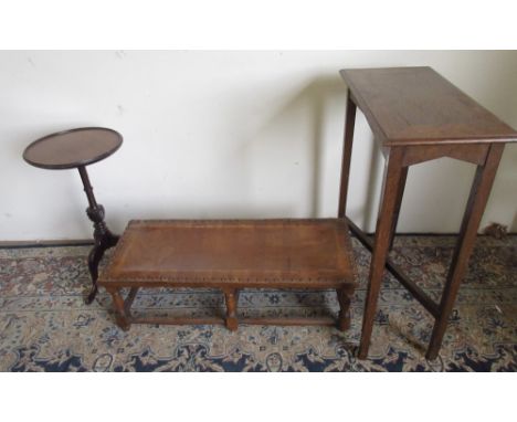 20th century oak rectangular footstool with leather top, an oak occasional table and a mahogany tripod wine table, W77cm D32c