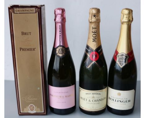 Four 75cl bottles Champagne incl. Bollinger, Louis Roederer Brut Premier, Moet & Chandon, etc.Shipping £38.00 plus vat (UK On