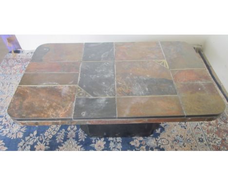 Manner of Paul Kingma (1931-2013) 'Patchwork' stone tile top rectangular coffee table, on pedestal base, c1980sShipping POA h