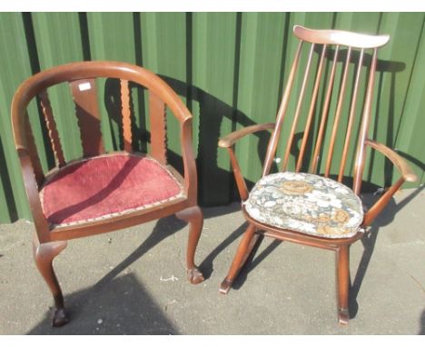 Ercol style stick back rocking chair, and a Georgian style mahogany curved back chair on cabriole legs with claw and ball fee