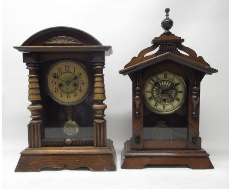 Union Clock Company pine mantle clock, carved case with applied half turned pilasters, 5" dial with Arabic chapter ring, two 