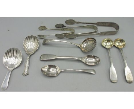 Pair of William IV silver fiddle pattern mustard spoons by Lewis Samuel, London 1830, and a collection of silver caddy spoons