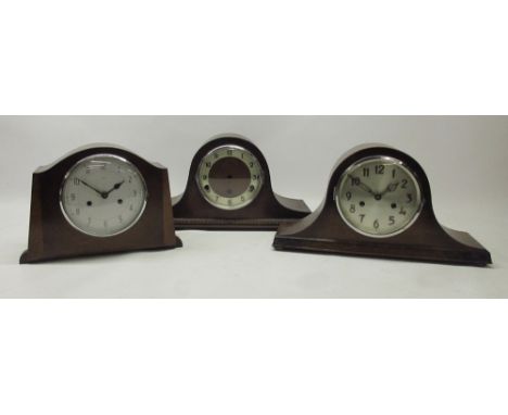 Enfield oak mantle clock, chrome bezel enclosing signed 6" silvered Arabic dial, signed two train movement striking on a gong