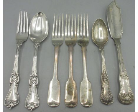 Three Victorian silver fiddle pattern dessert forks by Lewis Samuel, London 1840, Victorian silver albert pattern fork and sp