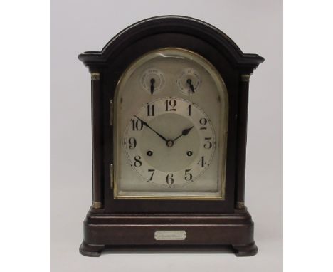 H.A.C. mahogany mantle clock, dome topped case with fully turned columns with brass capitals, brass framed bevel edged glazed