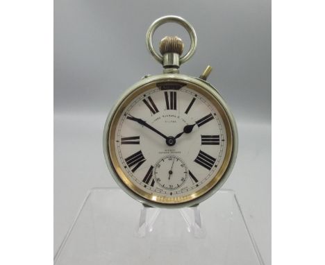 Swiss retailed by Depree, Raeburn & Young, Exeter, nickel keyless pin set Goliath pocket watch, signed white enamel Roman dia