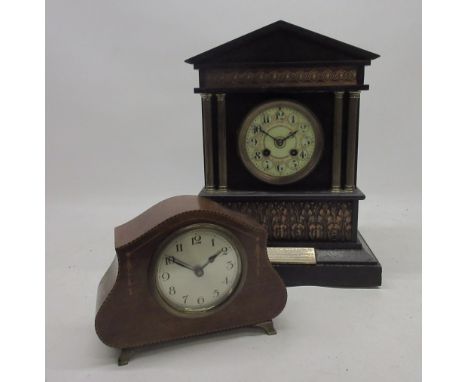 S. Marti et Cie, 19th century slate mantle clock, architectural case with four brass pilasters, applied copper panels and bra