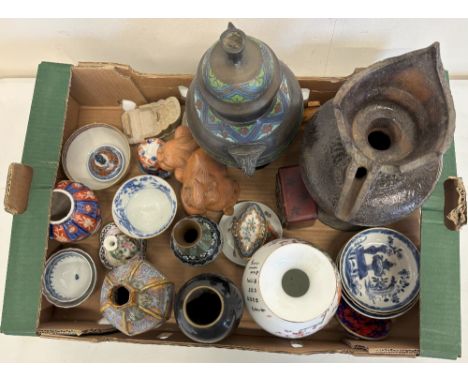 Chinese and Japanese ceramics, incl. Tibetan monk's cap pottery pitcher in a dark treacle glaze; Chinese enamel teapot; a Jap
