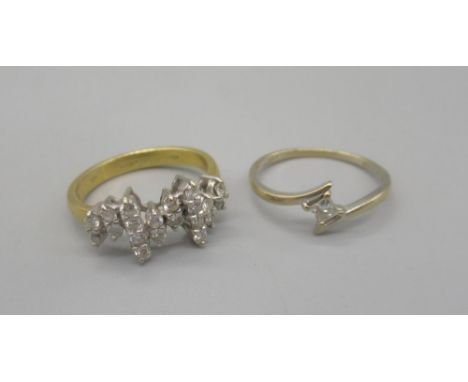 18ct white gold diamond solitaire ring, set with single baguette cut diamond in twit mount, size K1/2, and an 18ct yellow gol
