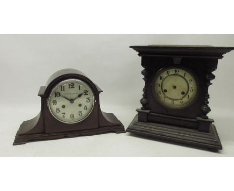 Paragon Clock Co. Hull, mahogany mantle clock, chrome bezel enclosing signed 5 3/4" dial with applied Arabic indices, two tra
