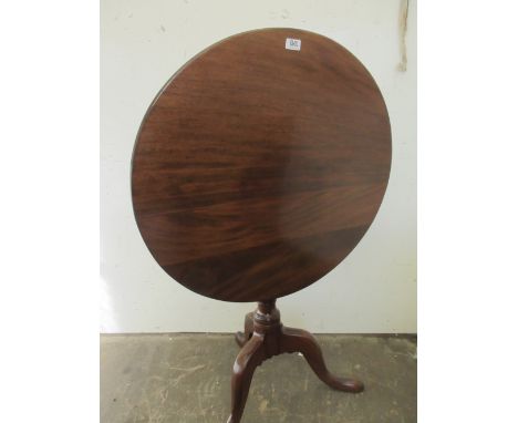 Geo.111 style mahogany tripod tea table, circular tilt top on vase turned column and three cabriole legs, W77cm D77cm H72cmSh