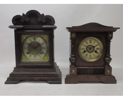 Ansonia type beech mantle clock, reverse breakfront case, 6 3/4" brass dial with applied silvered Roman chapter ring and bras